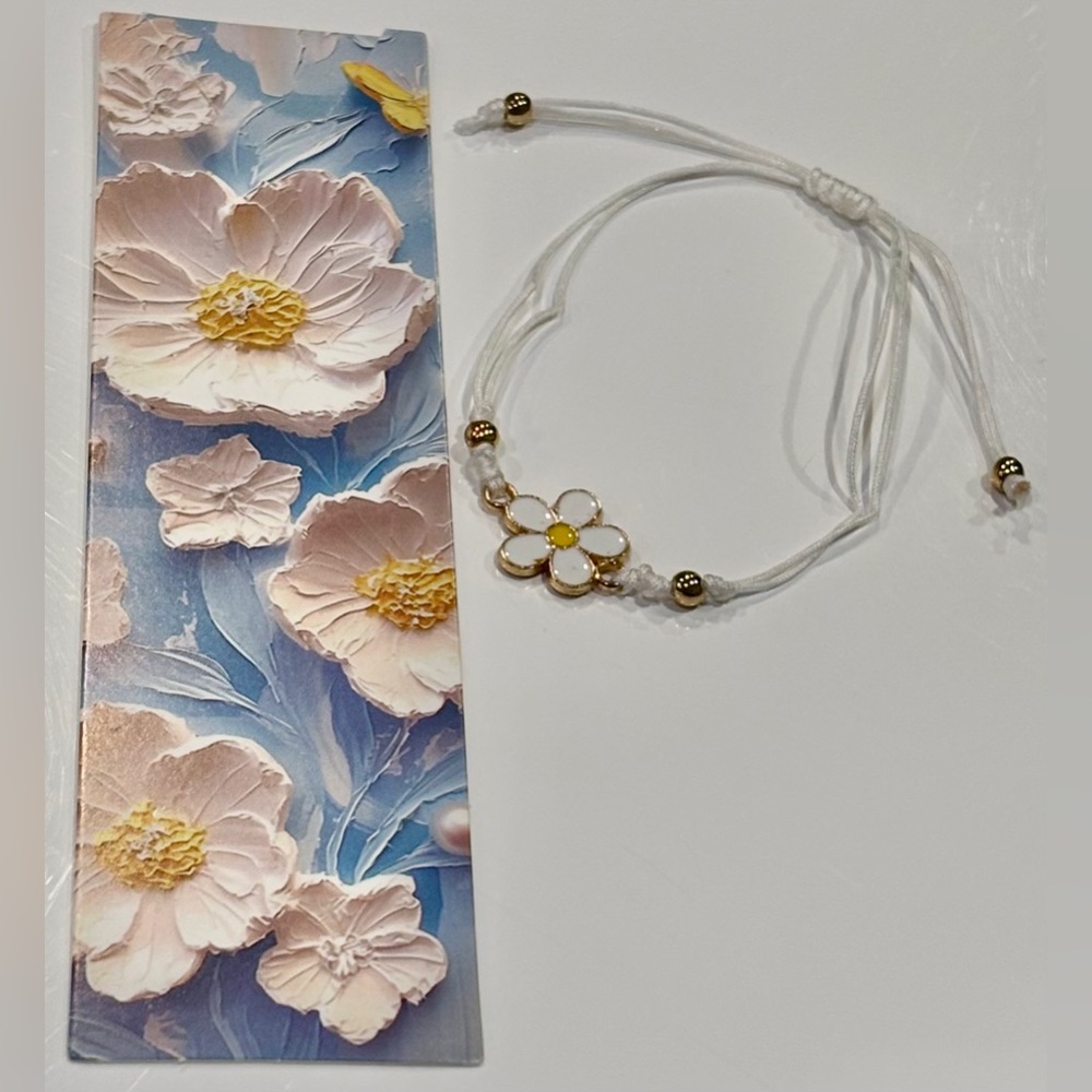 Dual Purpose Adjustable Cord Bracelet with White Daisy Charm & Matching Bookmark